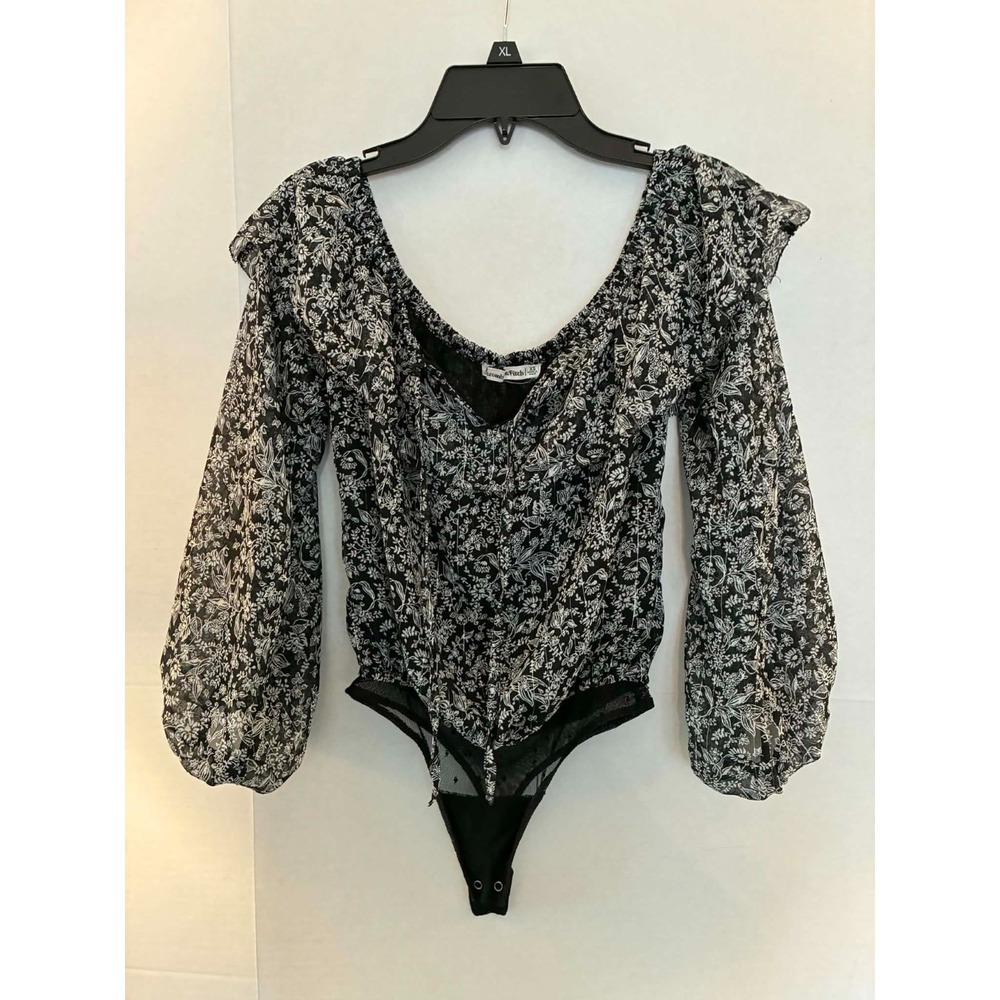Abercrombie & Fitch Womens XS Black White Floral Mesh Bodysuit Puff Sleeve